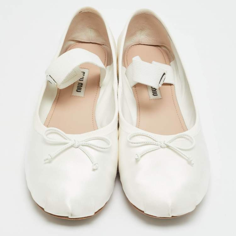 Pre Owned Miu Miu Size 38 Cream White Satin Bow Mary Jane Ballet Flats