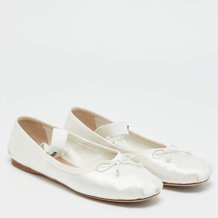 Pre Owned Miu Miu Size 38 Cream White Satin Bow Mary Jane Ballet Flats