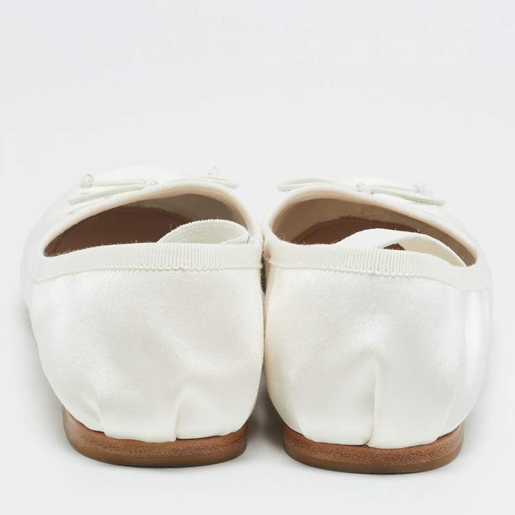 Pre Owned Miu Miu Size 38 Cream White Satin Bow Mary Jane Ballet Flats