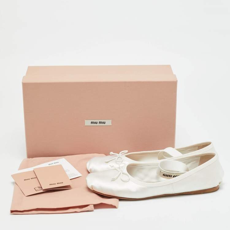 Pre Owned Miu Miu Size 38 Cream White Satin Bow Mary Jane Ballet Flats