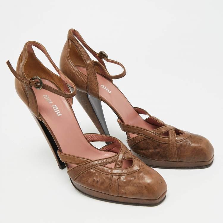Pre Owned Miu Miu Size 39 Brown Leather Ankle Strap Pumps