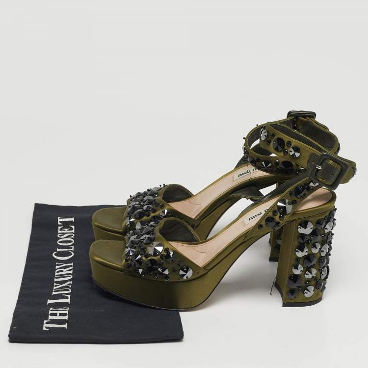 Pre Owned Miu Miu Size 38 Green Satin Crystal Embellished Ankle Strap Sandals