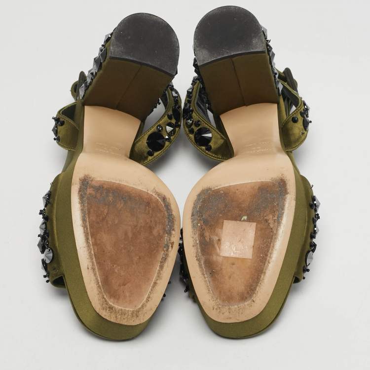 Pre Owned Miu Miu Size 38 Green Satin Crystal Embellished Ankle Strap Sandals