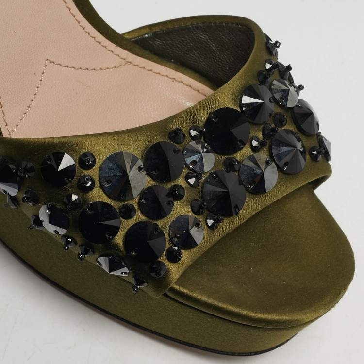 Pre Owned Miu Miu Size 38 Green Satin Crystal Embellished Ankle Strap Sandals