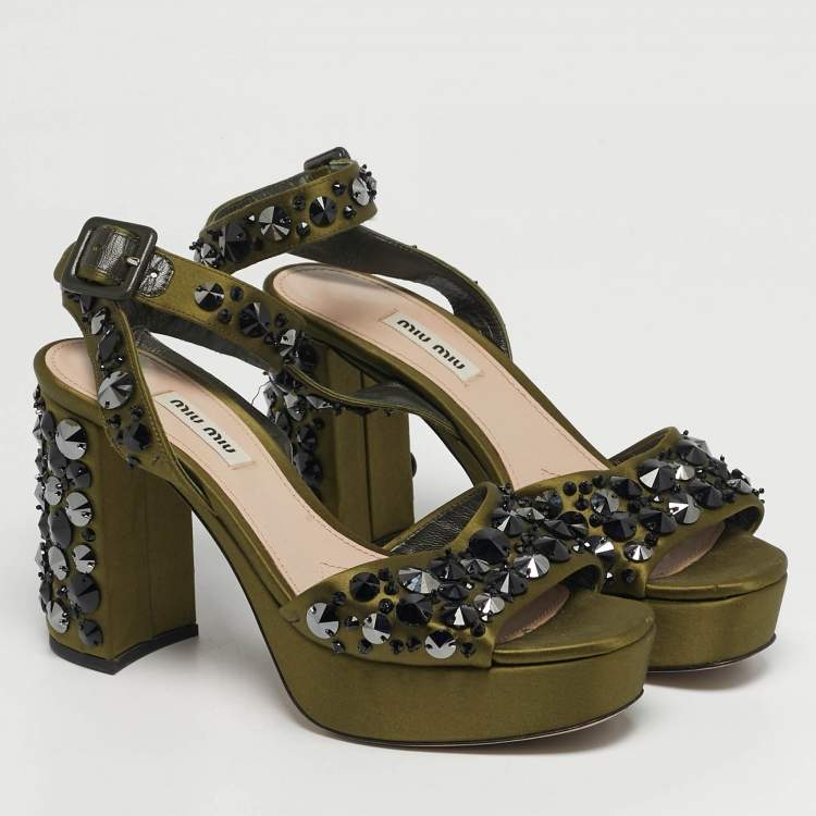 Pre Owned Miu Miu Size 38 Green Satin Crystal Embellished Ankle Strap Sandals