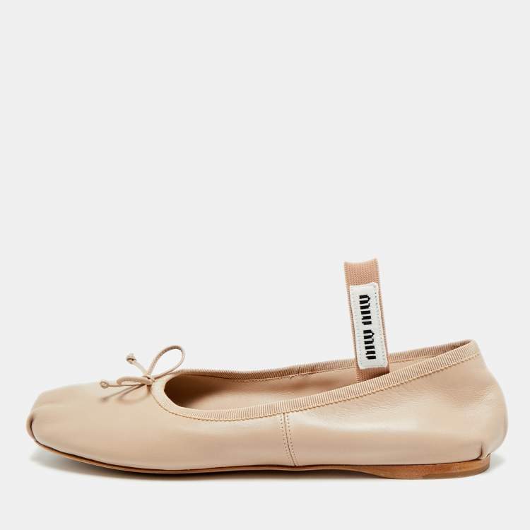 Pre Owned Miu Miu Size 40 Beige Leather Bow Mary Jane Ballet Flats