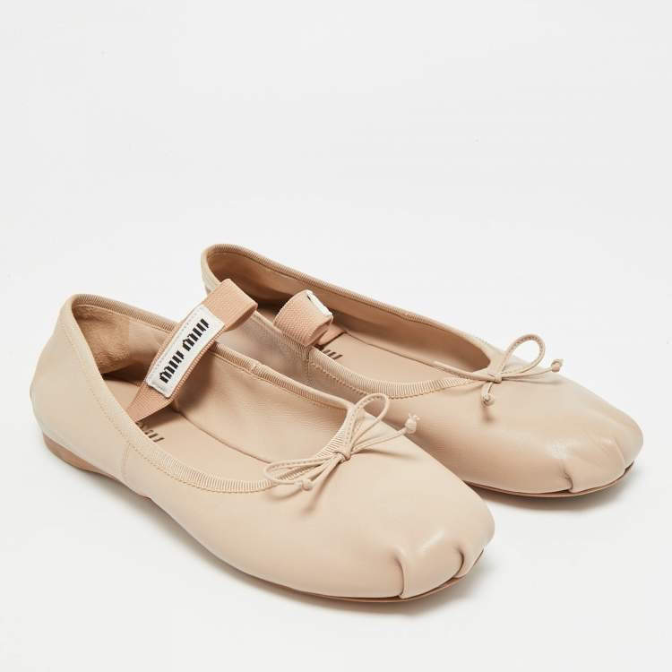 Pre Owned Miu Miu Size 40 Beige Leather Bow Mary Jane Ballet Flats