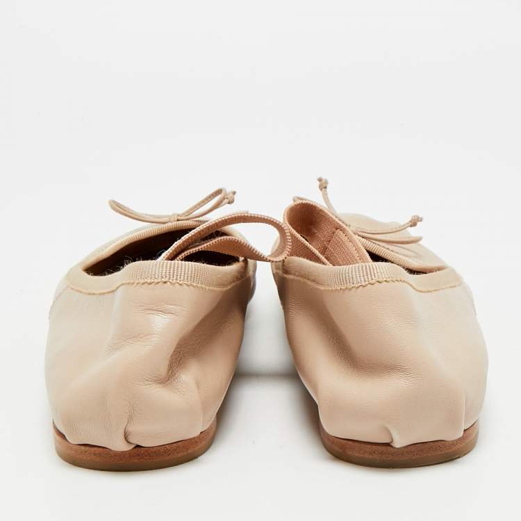 Pre Owned Miu Miu Size 40 Beige Leather Bow Mary Jane Ballet Flats