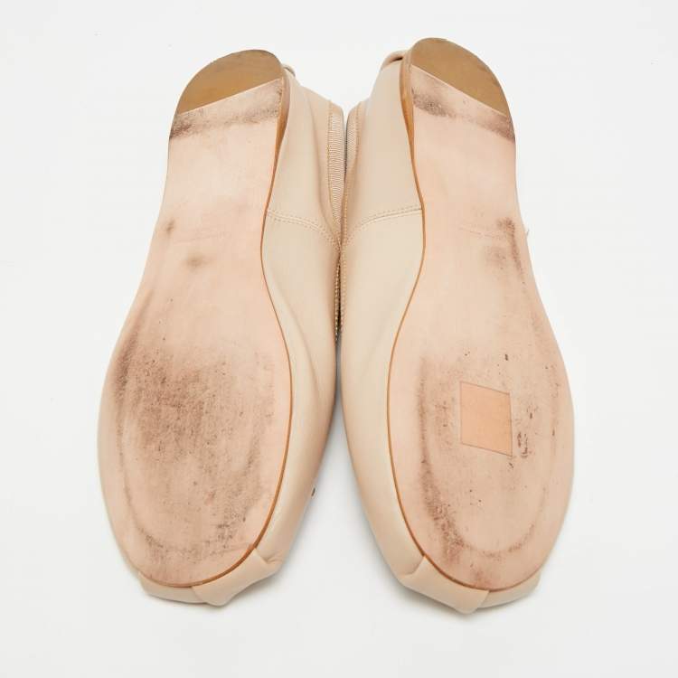Pre Owned Miu Miu Size 40 Beige Leather Bow Mary Jane Ballet Flats