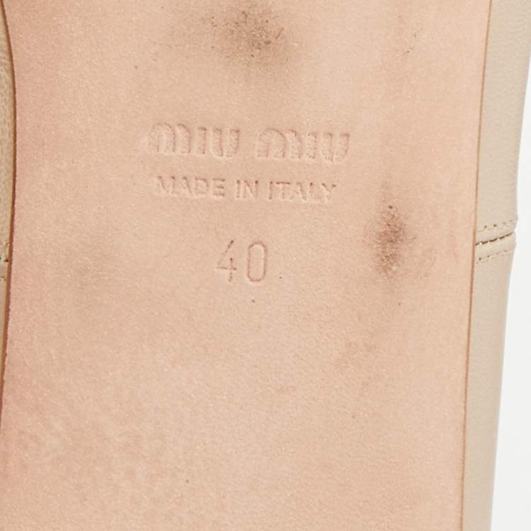 Pre Owned Miu Miu Size 40 Beige Leather Bow Mary Jane Ballet Flats