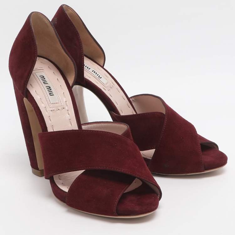 Pre Owned Miu Miu Size 36.5 Burgundy Suede Cross Straop D'orsay Pumps