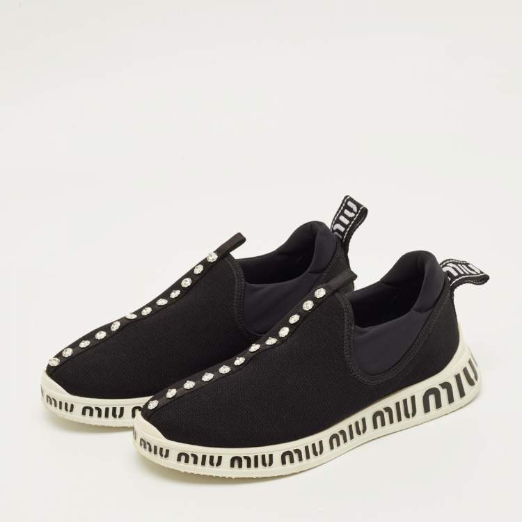 Pre Owned Miu Miu Size 36 Black Knit Fabric and Nylon Crystal Embellished Slip On Sneakers