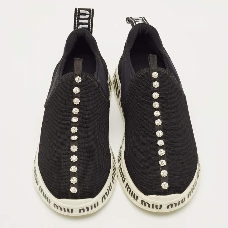 Pre Owned Miu Miu Size 36 Black Knit Fabric and Nylon Crystal Embellished Slip On Sneakers