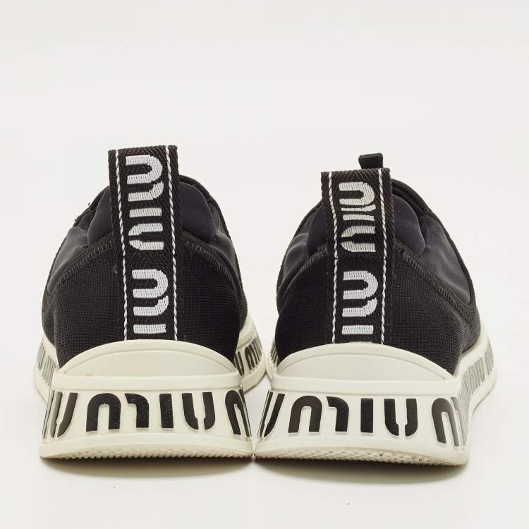 Pre Owned Miu Miu Size 36 Black Knit Fabric and Nylon Crystal Embellished Slip On Sneakers