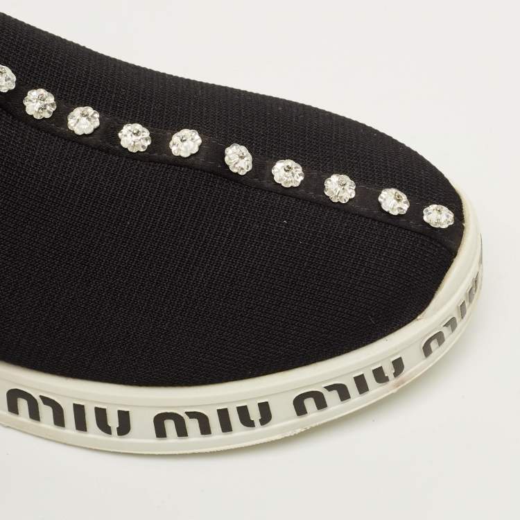 Pre Owned Miu Miu Size 36 Black Knit Fabric and Nylon Crystal Embellished Slip On Sneakers