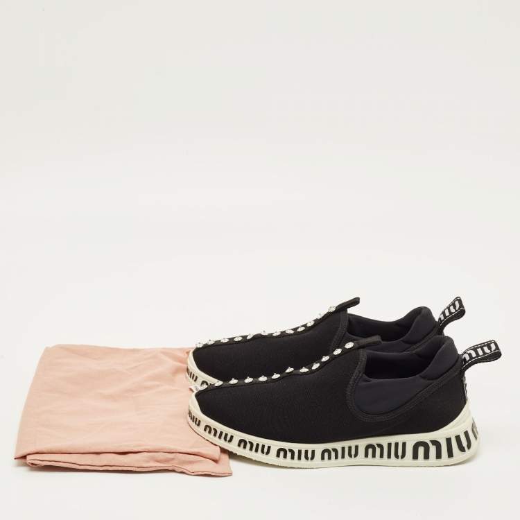 Pre Owned Miu Miu Size 36 Black Knit Fabric and Nylon Crystal Embellished Slip On Sneakers
