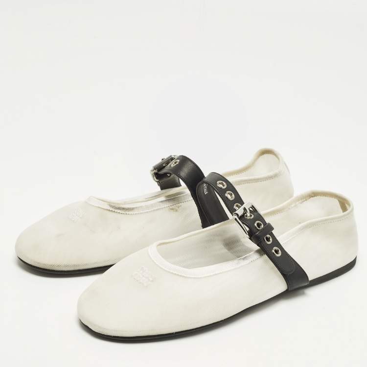 Pre Owned Miu Miu Size 40 White Leather and Net Mary-Jane Ballet Flats