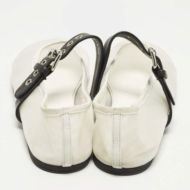 Pre Owned Miu Miu Size 40 White Leather and Net Mary-Jane Ballet Flats