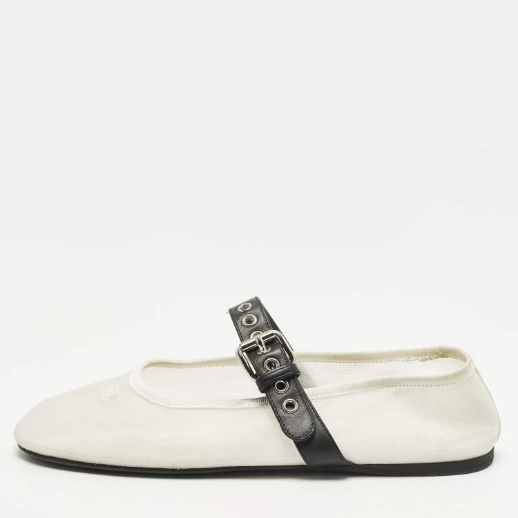 Pre Owned Miu Miu Size 40 White Leather and Net Mary-Jane Ballet Flats