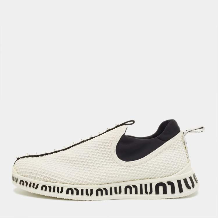 Pre Owned Miu Miu Size 39.5 White Mesh and Neoprene Crystal Embellished Slip On Sneakers