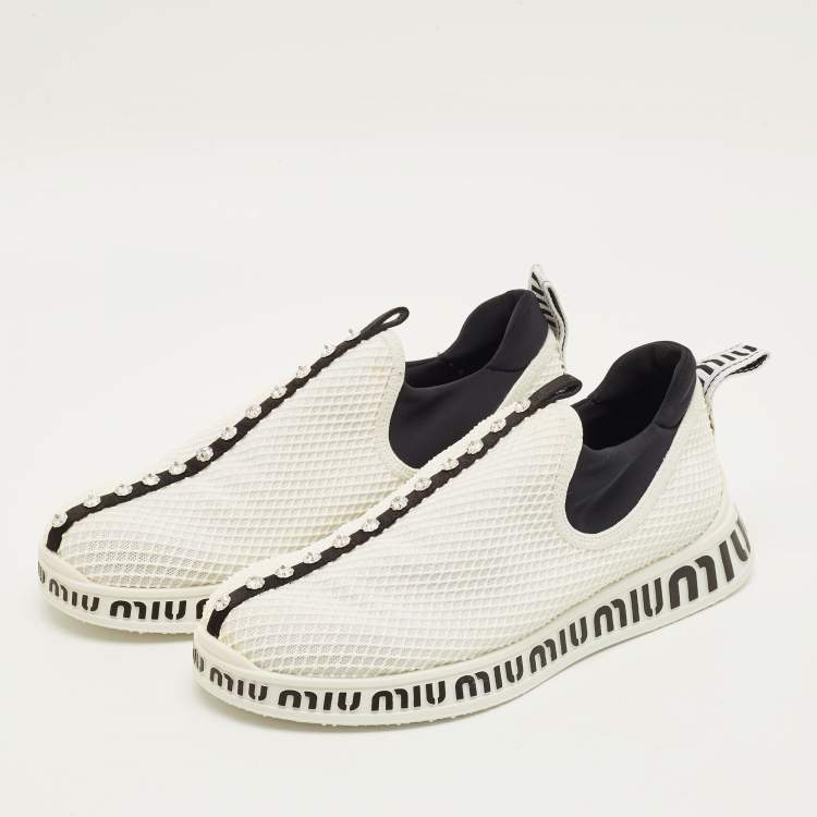 Pre Owned Miu Miu Size 39.5 White Mesh and Neoprene Crystal Embellished Slip On Sneakers