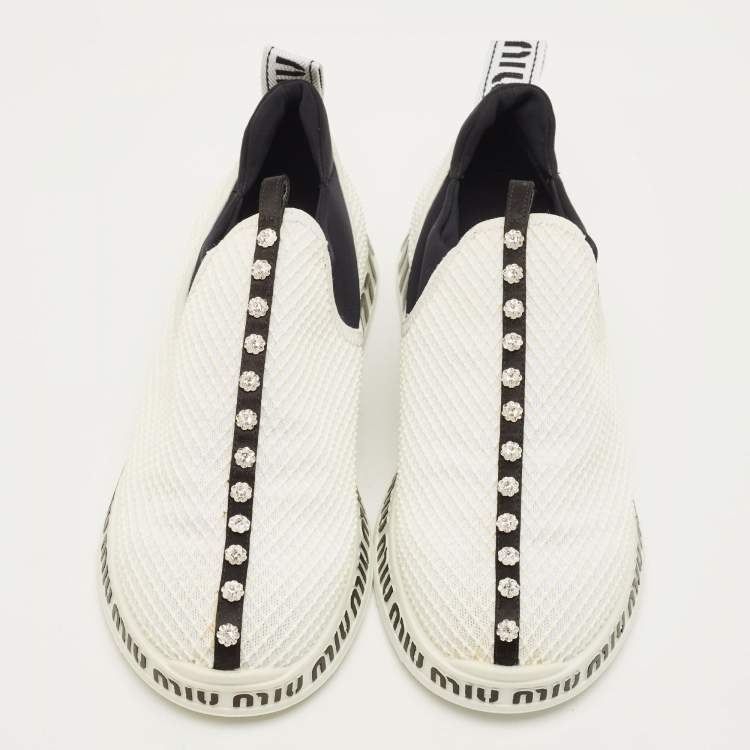 Pre Owned Miu Miu Size 39.5 White Mesh and Neoprene Crystal Embellished Slip On Sneakers