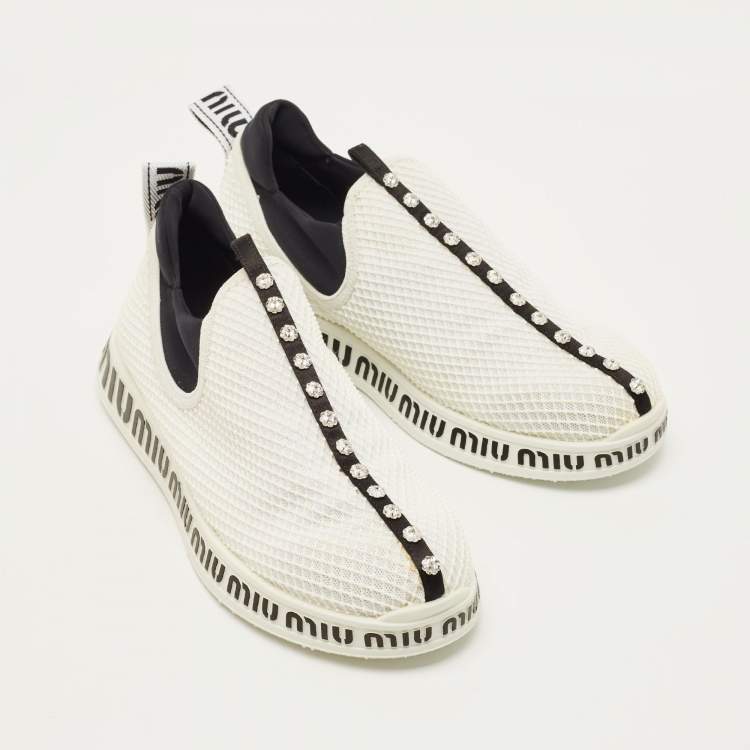Pre Owned Miu Miu Size 39.5 White Mesh and Neoprene Crystal Embellished Slip On Sneakers