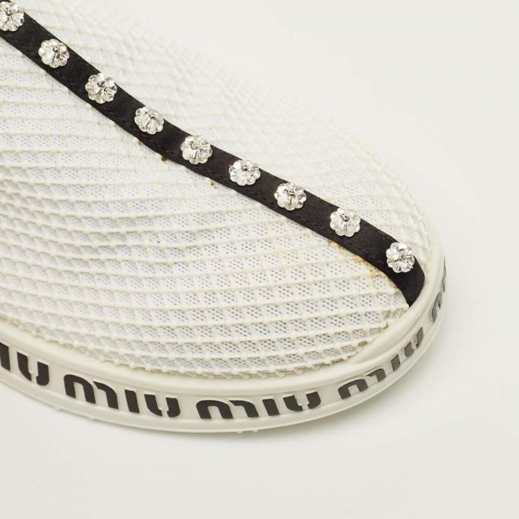 Pre Owned Miu Miu Size 39.5 White Mesh and Neoprene Crystal Embellished Slip On Sneakers