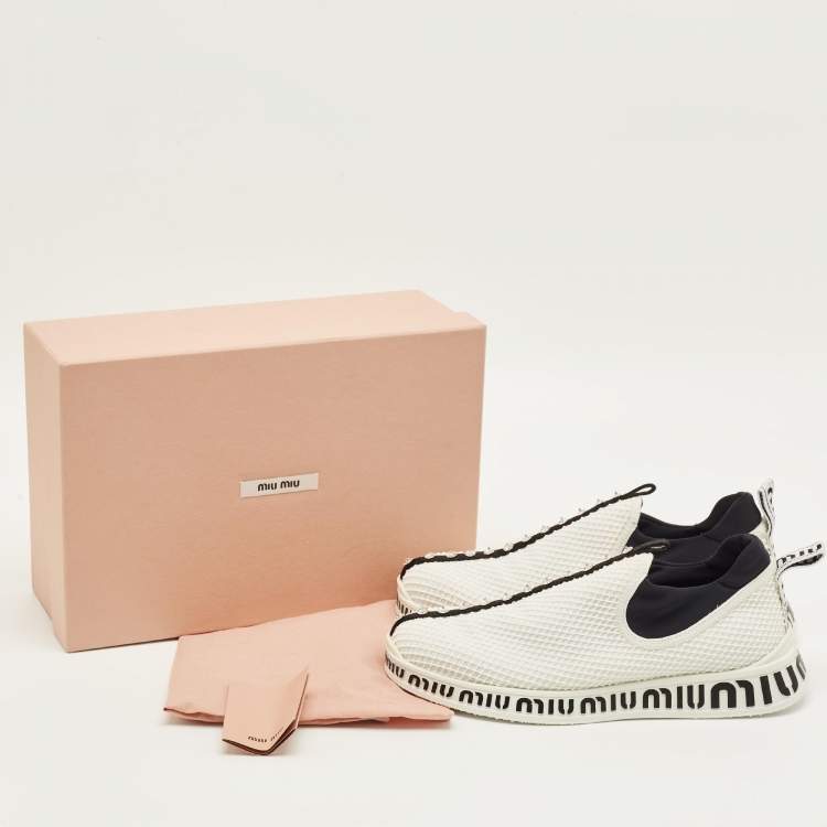Pre Owned Miu Miu Size 39.5 White Mesh and Neoprene Crystal Embellished Slip On Sneakers