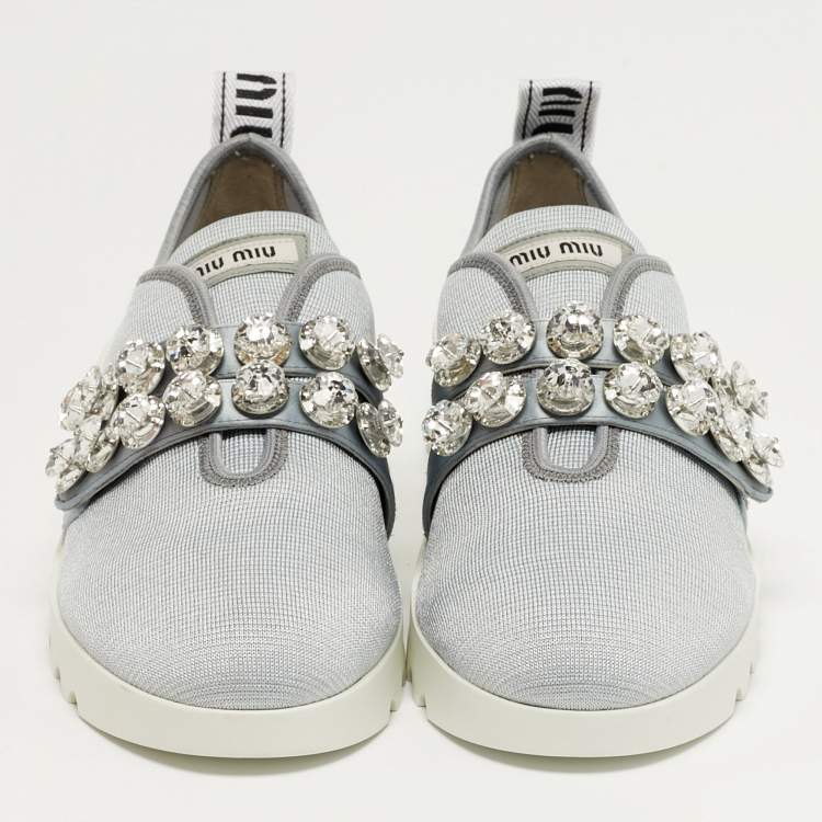 Pre Owned Miu Miu Size 39.5 Blue Mesh Crystal Embellished Lace Up Sneakers