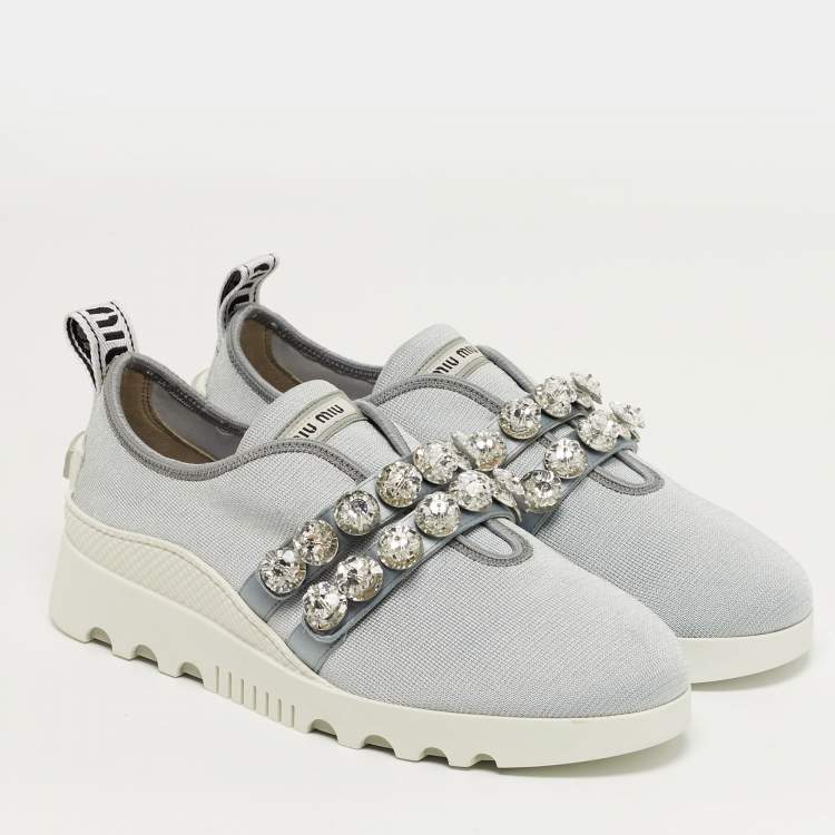 Pre Owned Miu Miu Size 39.5 Blue Mesh Crystal Embellished Lace Up Sneakers