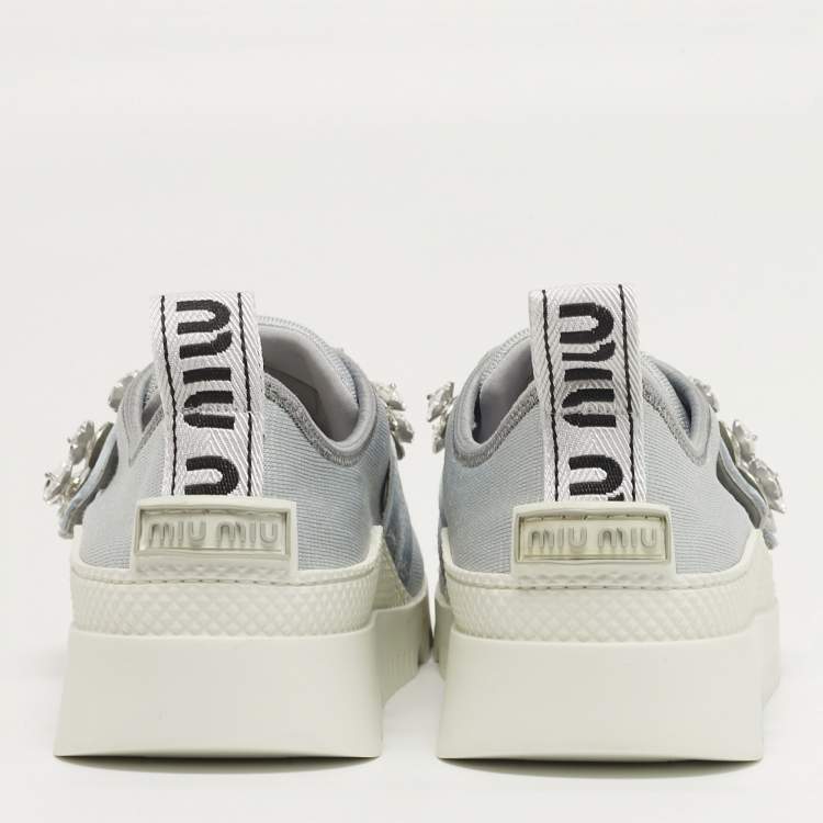 Pre Owned Miu Miu Size 39.5 Blue Mesh Crystal Embellished Lace Up Sneakers