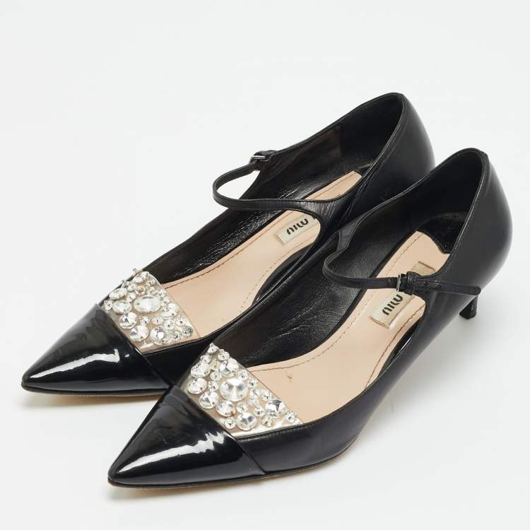Pre Owned Miu Miu Size 36.5 Black Patent and Leather Crystal Embellished Mary Jane Pumps