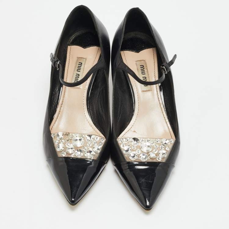 Pre Owned Miu Miu Size 36.5 Black Patent and Leather Crystal Embellished Mary Jane Pumps