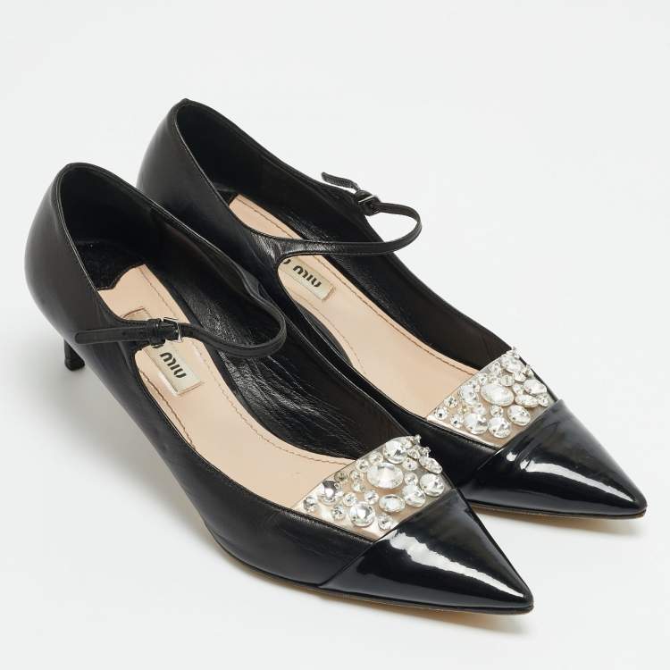 Pre Owned Miu Miu Size 36.5 Black Patent and Leather Crystal Embellished Mary Jane Pumps