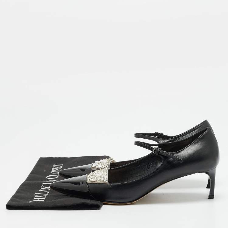 Pre Owned Miu Miu Size 36.5 Black Patent and Leather Crystal Embellished Mary Jane Pumps