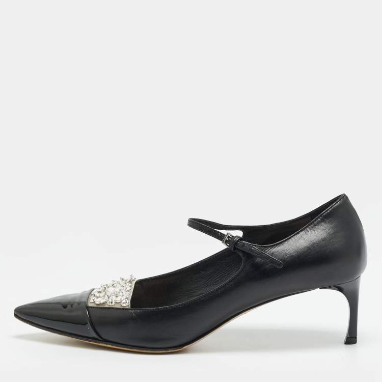 Pre Owned Miu Miu Size 36.5 Black Patent and Leather Crystal Embellished Mary Jane Pumps