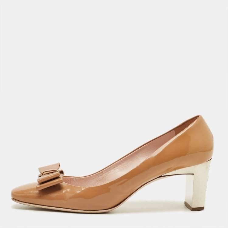 Pre Owned Miu Miu Bow Size 40 Brown Patent Leather Block Heel Pumps
