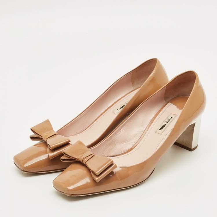 Pre Owned Miu Miu Bow Size 40 Brown Patent Leather Block Heel Pumps