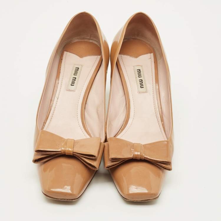 Pre Owned Miu Miu Bow Size 40 Brown Patent Leather Block Heel Pumps