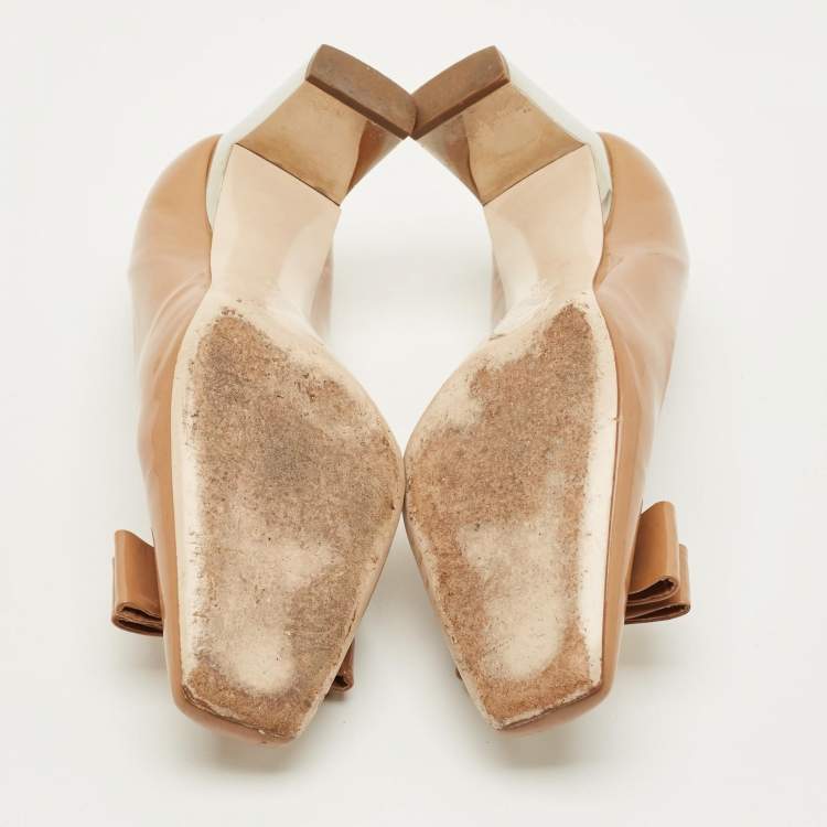 Pre Owned Miu Miu Bow Size 40 Brown Patent Leather Block Heel Pumps