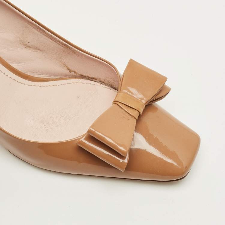 Pre Owned Miu Miu Bow Size 40 Brown Patent Leather Block Heel Pumps
