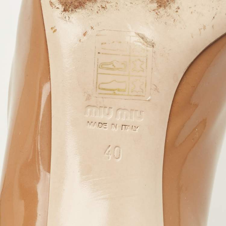 Pre Owned Miu Miu Bow Size 40 Brown Patent Leather Block Heel Pumps