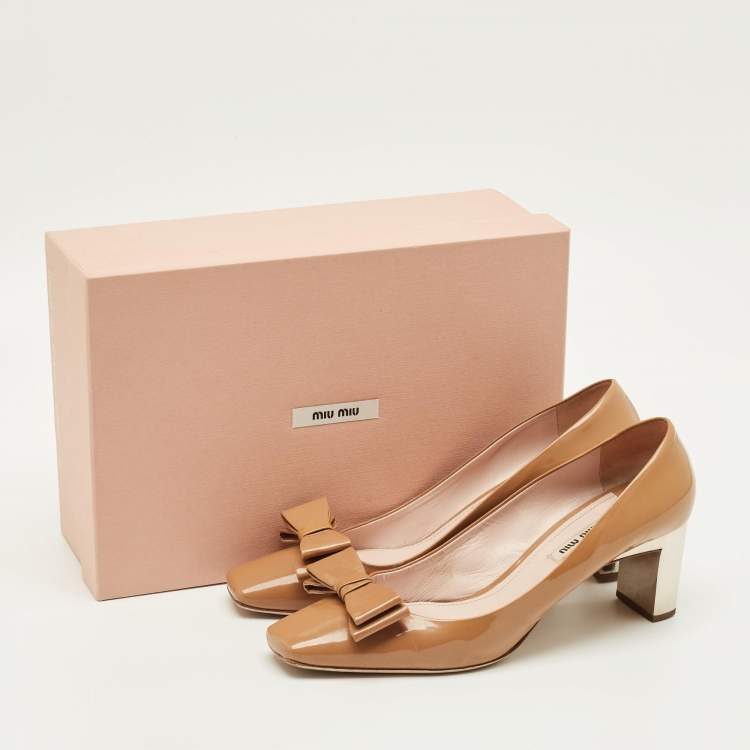 Pre Owned Miu Miu Bow Size 40 Brown Patent Leather Block Heel Pumps