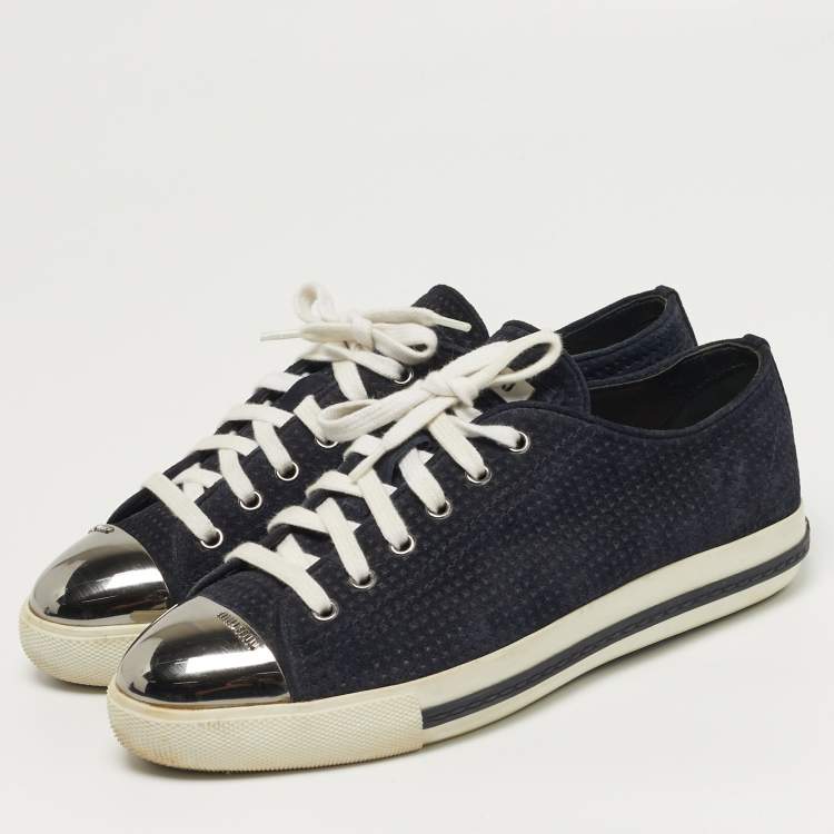 Pre Owned Miu Miu Size 39.5 Navy Blue Metal and Suede Cap Toe Lace Up Sneakers