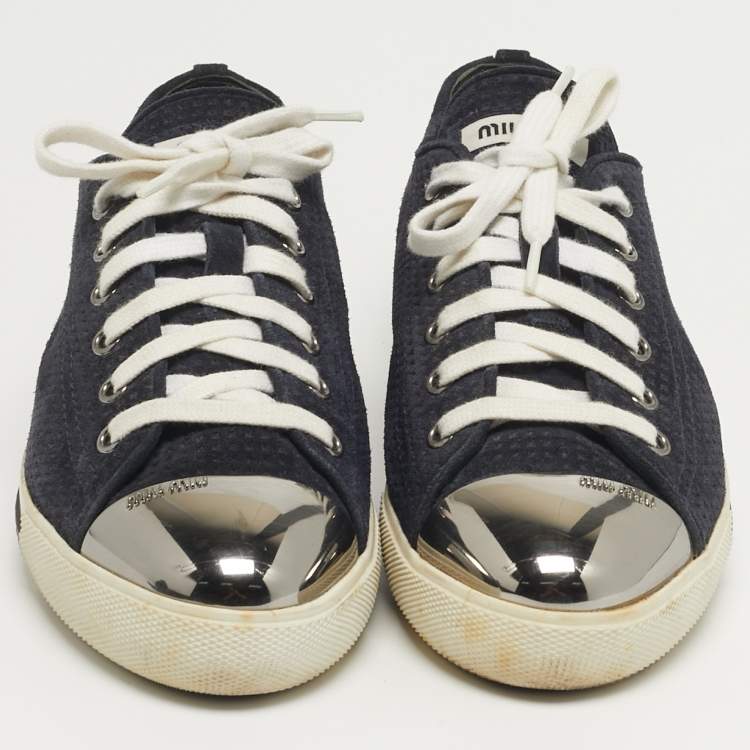Pre Owned Miu Miu Size 39.5 Navy Blue Metal and Suede Cap Toe Lace Up Sneakers