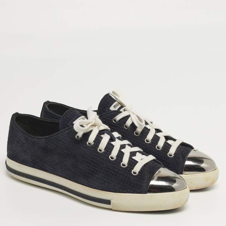 Pre Owned Miu Miu Size 39.5 Navy Blue Metal and Suede Cap Toe Lace Up Sneakers