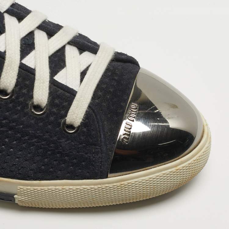 Pre Owned Miu Miu Size 39.5 Navy Blue Metal and Suede Cap Toe Lace Up Sneakers