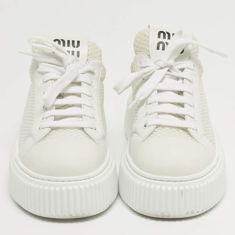 Pre Owned Miu Miu Size 38 White Leather and Mesh Low Top Sneakers