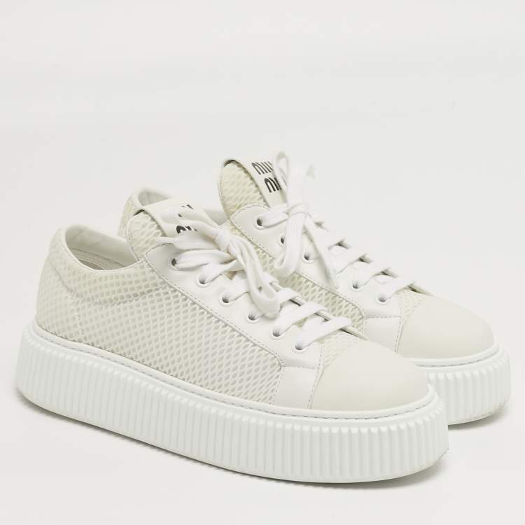 Pre Owned Miu Miu Size 38 White Leather and Mesh Low Top Sneakers